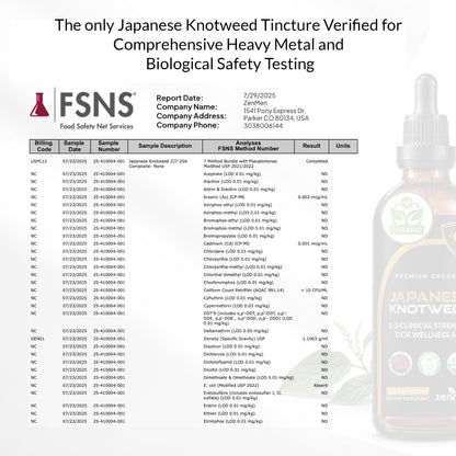 Zenmen guarantees purity. View our comprehensive, third-party FSNS lab reports verifying our Japanese Knotweed tincture is free of heavy metals and biologicals.