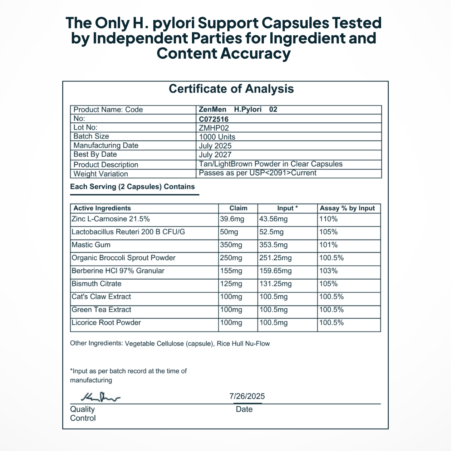 Probiotic potency assay verifying 105% L. reuteri content accuracy for independent laboratory safety standards.