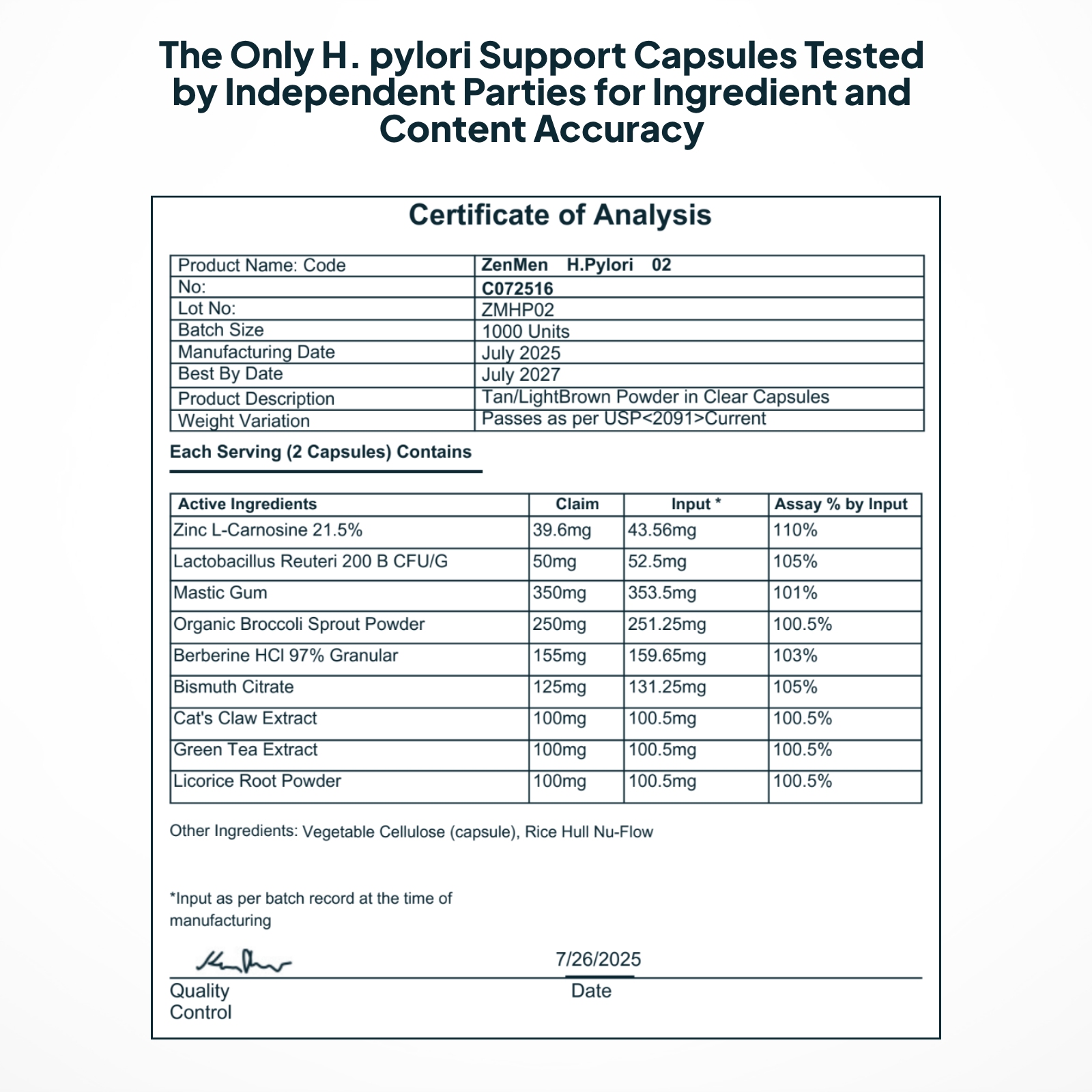 Probiotic potency assay verifying 105% L. reuteri content accuracy for independent laboratory safety standards.
