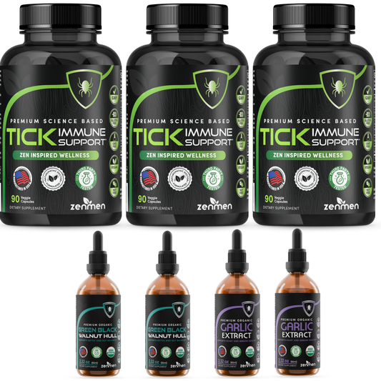 Zenmen Tick Immune Support Protocol Bundle: Complete 7-bottle system including three 90-count jars of Tick Immune Support capsules, two bottles of organic Green Black Walnut Hull tincture for gut detox, and two bottles of liquid Garlic Extract. A holistic herbal approach to tick bite recovery