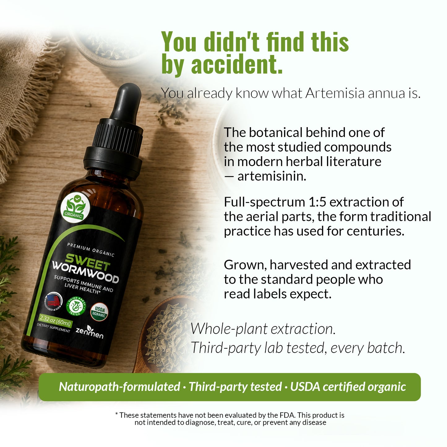 A bottle of Zenmen Sweet Wormwood 60ml herbal tincture is displayed on a rustic wooden surface with text overlays describing its botanical and extraction details.