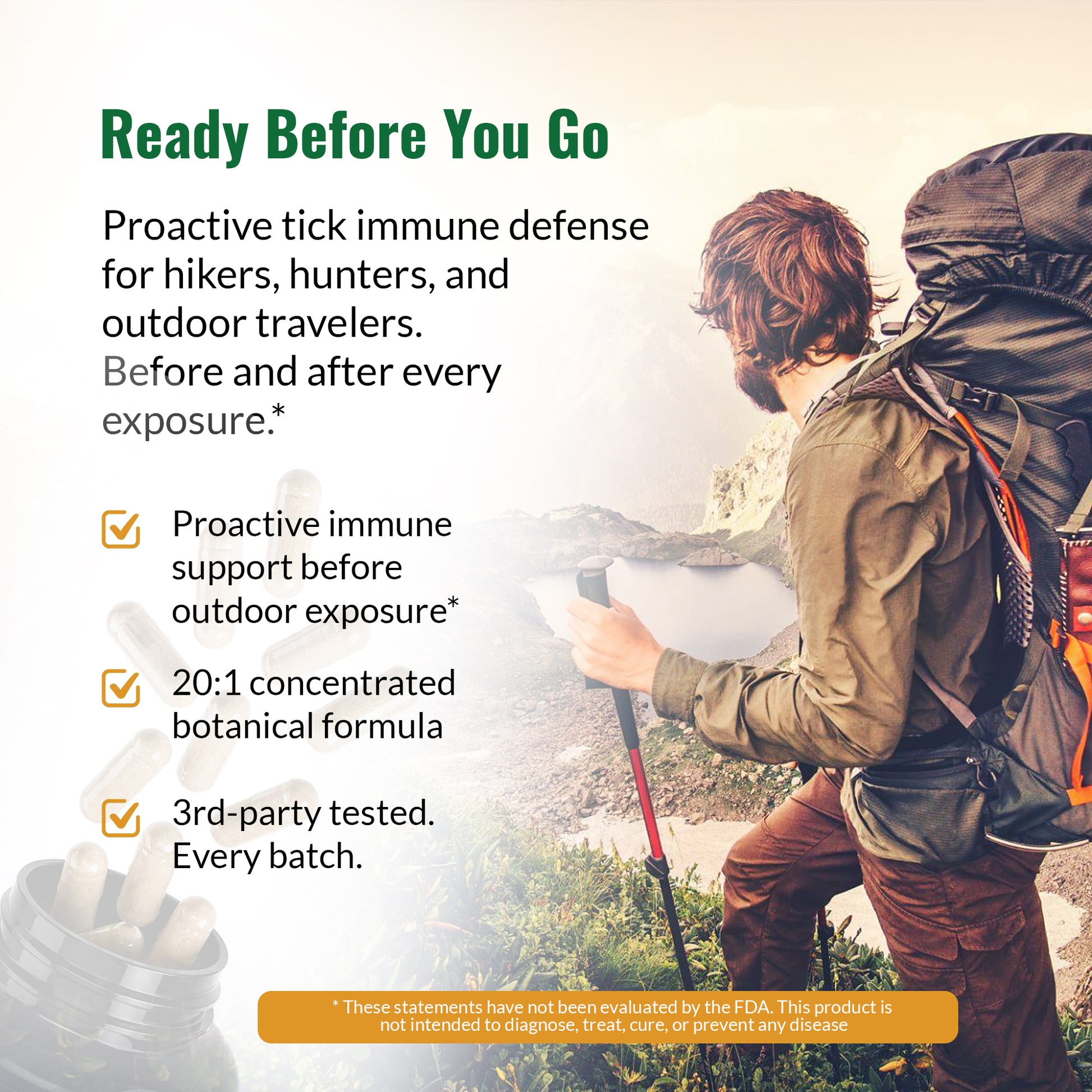 Promotional graphic for Zenmen Tick Immune Support 90 count, featuring a hiker with a backpack and trekking poles in a mountainous outdoor setting. Text on the left reads 'Ready Before You Go' and lists product benefits, with a small bottle of the product shown in the lower left corner.