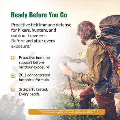 Promotional graphic for Zenmen Tick Immune Support 90 count, featuring a hiker with a backpack and trekking poles in a mountainous outdoor setting. Text on the left reads 'Ready Before You Go' and lists product benefits, with a small bottle of the product shown in the lower left corner.