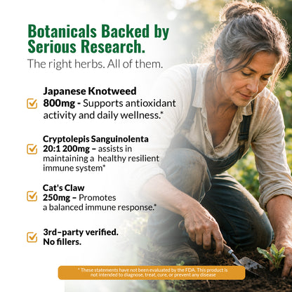 Promotional graphic for Zenmen Tick Immune Support 90 count with text listing Japanese Knotweed, Cryptolepis Sanguinolenta, and Cat's Claw, alongside a woman gardening in the background.