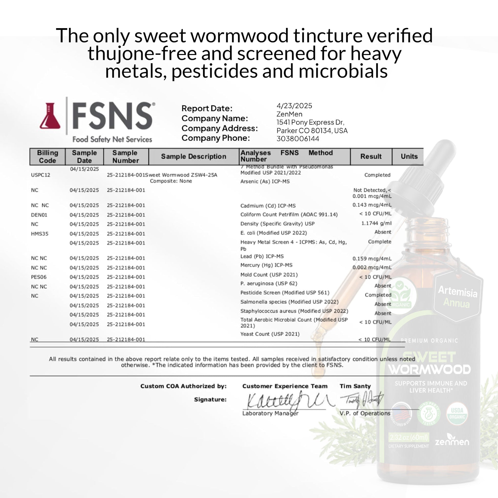 A food safety report form for Zenmen Sweet Wormwood 60ml tincture from FSNS showing test results for a sweet wormwood tincture. The document includes a header with the FSNS logo and text stating the product is thujone-free and screened for heavy metals, pesticides, and microorganisms.