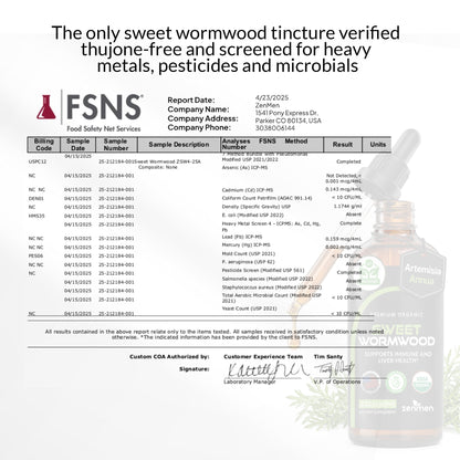 A food safety report form for Zenmen Sweet Wormwood 60ml tincture from FSNS showing test results for a sweet wormwood tincture. The document includes a header with the FSNS logo and text stating the product is thujone-free and screened for heavy metals, pesticides, and microorganisms.