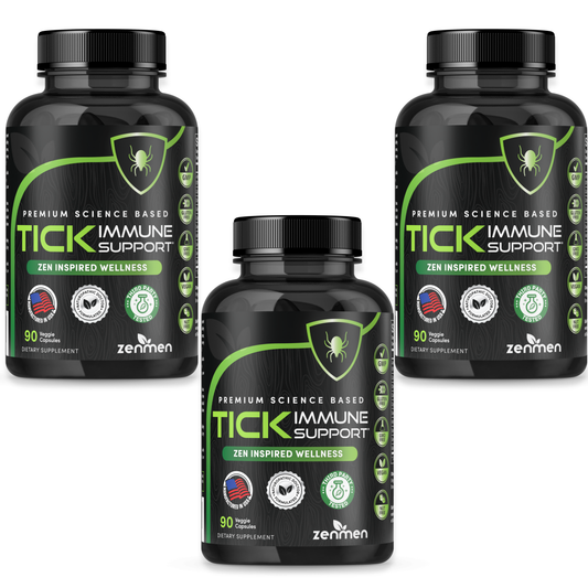Three black bottles of Zenmen 'Tick Immune Support' Premium Science-Based Capsules. Each bottle contains 90 veggie capsules, formulated for Zen Inspired Wellness, and features USA flag, third-party tested, and naturopathic doctor symbols on the label. High-value 3-pack for natural tick bite recovery.