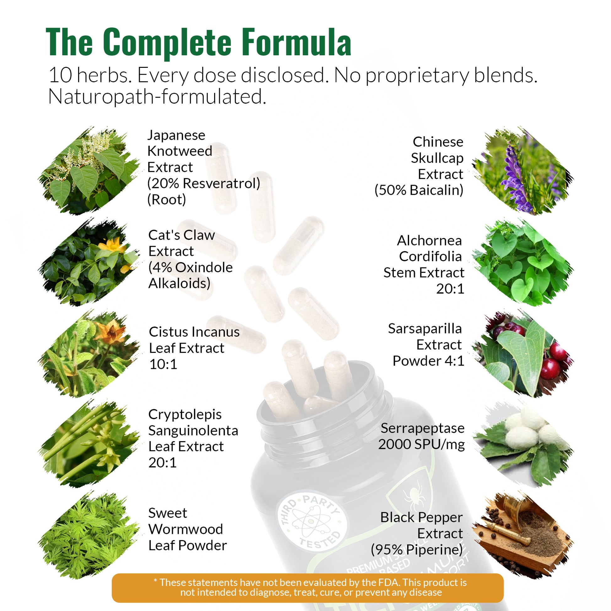 An infographic for Zenmen Tick Immune Support 90 count titled 'The Complete Formula' displays a collage of different herbal extracts with photos of the raw ingredients and text detailing each extract, such as Japanese Knotweed Extract and Sarsaparilla Extract Powder. A central logo for 'The Art of Herbalism' is visible on a bottle illustration.