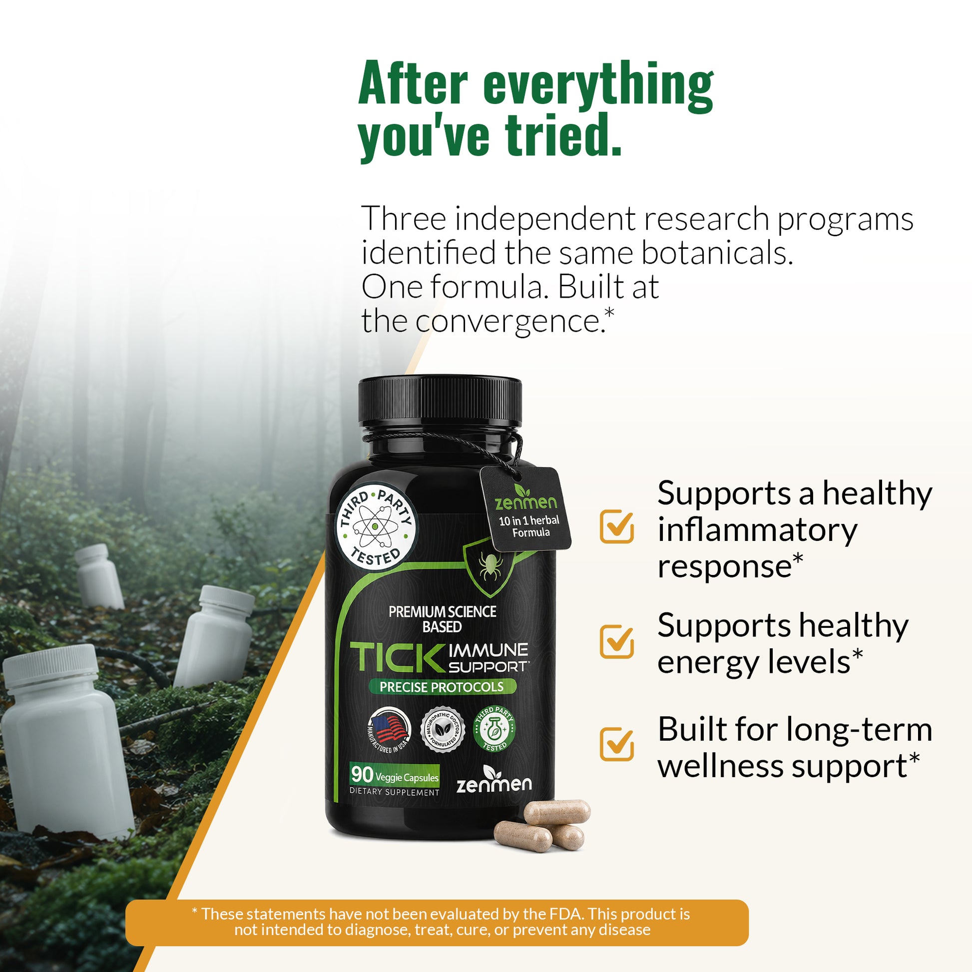 A bottle of Zenmen Tick Immune Support 90 count dietary supplement is featured on a white background with marketing text and a blurred outdoor garden scene on the left. The bottle is black with green and white labeling, and a few capsules are shown in front.