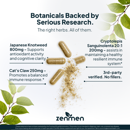 Research-backed botanicals for immune resilience featuring 800mg Japanese Knotweed, 250mg Cat's Claw, and 200mg Cryptolepis Sanguinolenta 20:1 extract, 3rd-party verified for purity with zero fillers.