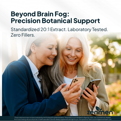 Two women looking at a phone with text about precision botanical support and Zenmen precision botanical support for brain fog using standardized 20:1 extracts and zero fillers for mental clarity. brand.