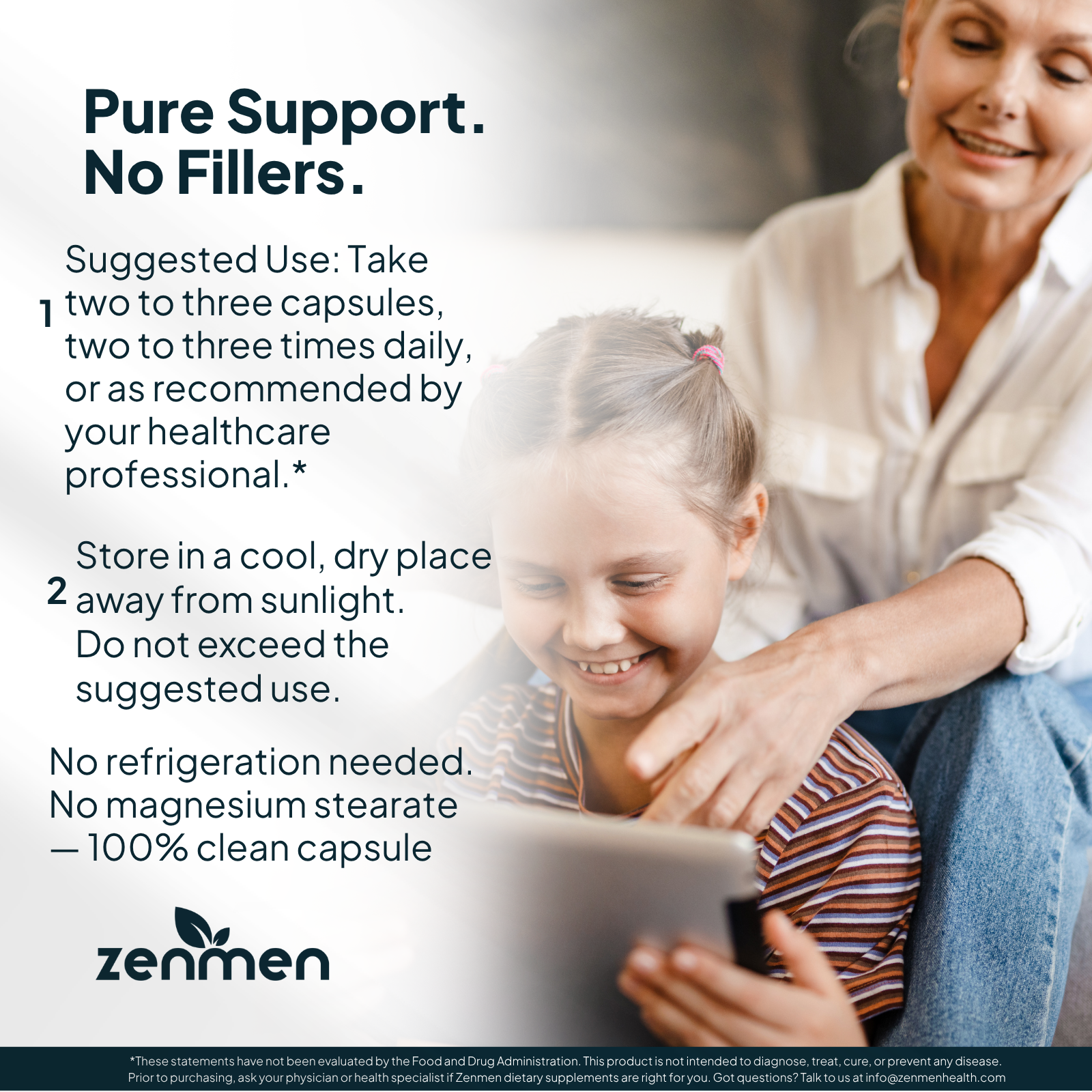 Dosage instructions for Zenmen Tick Immune Support capsules with clean label botanical ingredients and no fillers.
