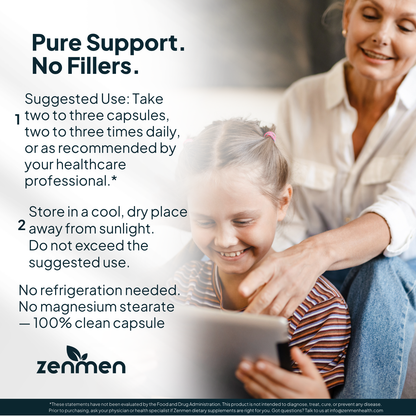 Dosage instructions for Zenmen Tick Immune Support capsules with clean label botanical ingredients and no fillers.