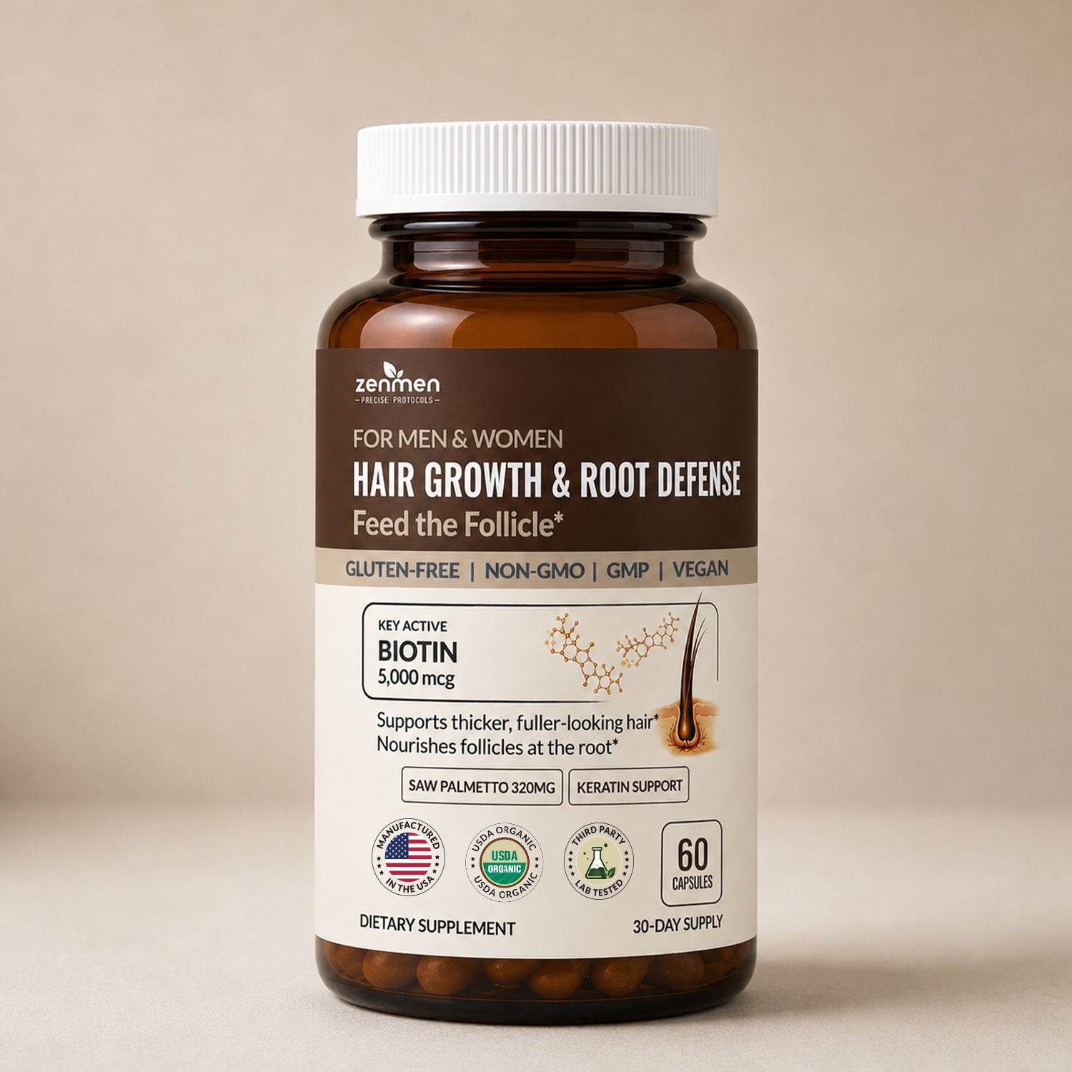 Zenmen Hair Growth and Root Defense supplement bottle featuring 5,000 mcg Biotin and Saw Palmetto for men and women.