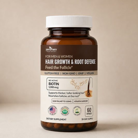 Zenmen Hair Growth and Root Defense supplement bottle featuring 5,000 mcg Biotin and Saw Palmetto for men and women.
