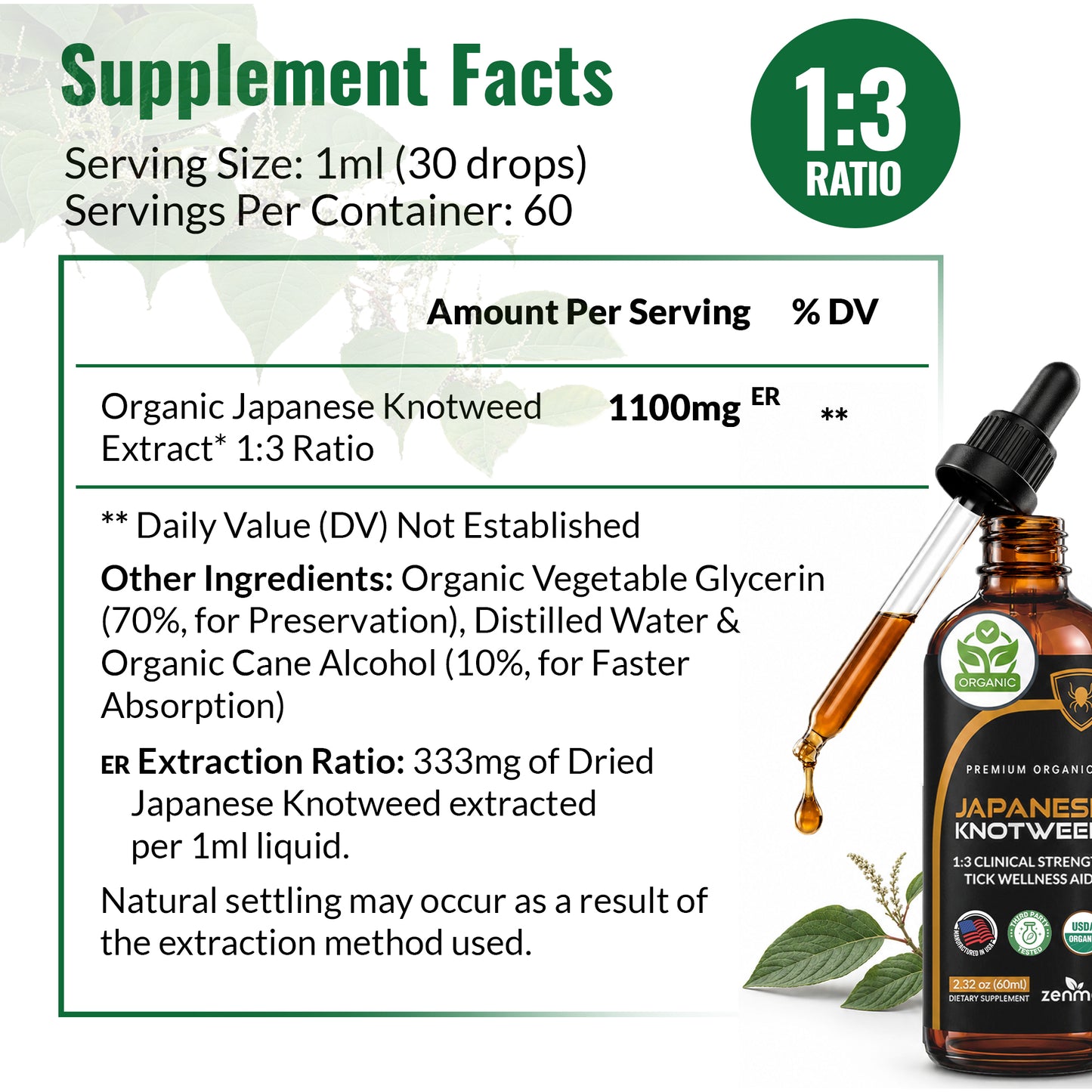 View the supplement facts for Zenmen Japanese Knotweed Tincture. Each 1ml serving delivers 1100mg of potent, organic root extract in a 60-day supply.