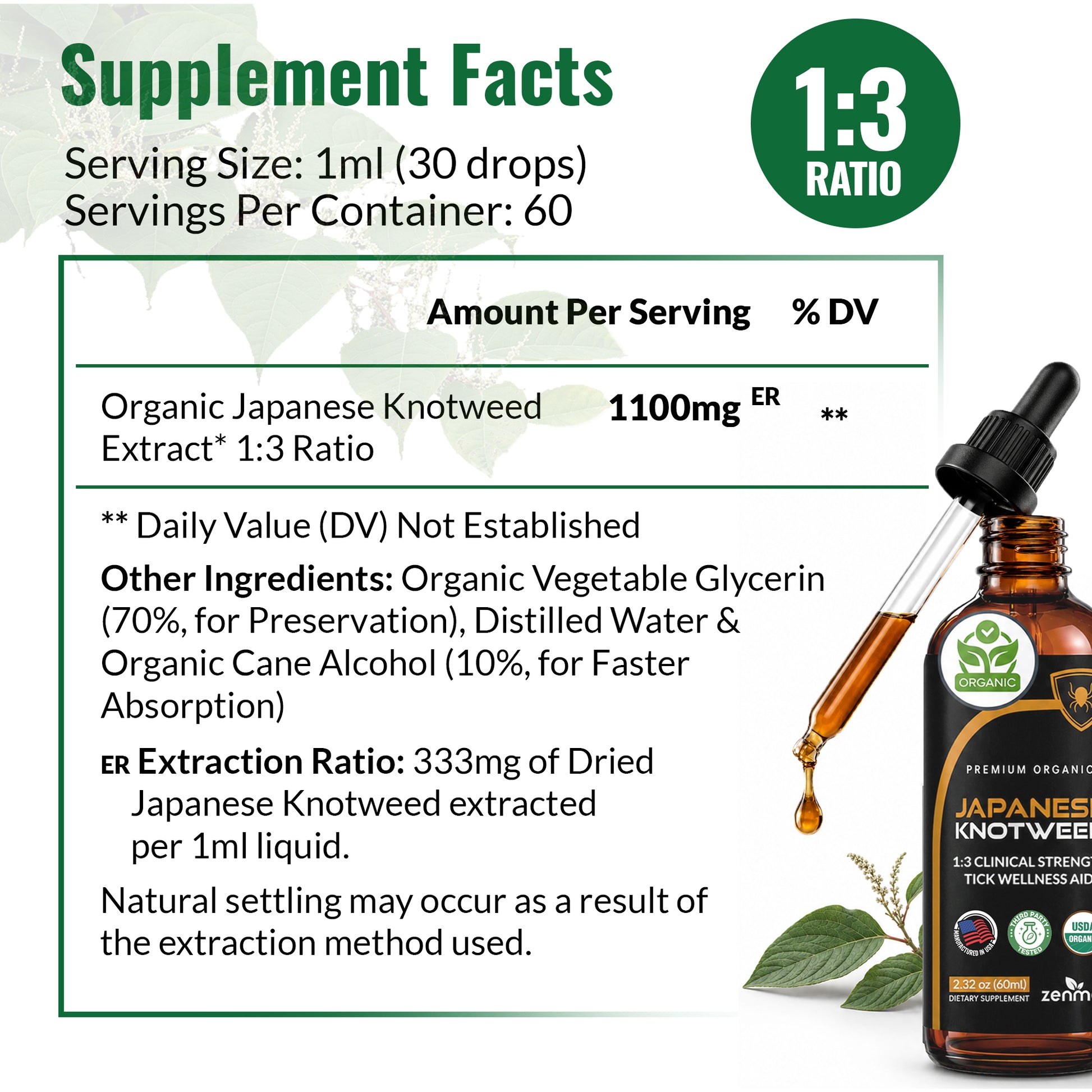 View the supplement facts for Zenmen Japanese Knotweed Tincture. Each 1ml serving delivers 1100mg of potent, organic root extract in a 60-day supply.