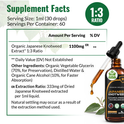 View the supplement facts for Zenmen Japanese Knotweed Tincture. Each 1ml serving delivers 1100mg of potent, organic root extract in a 60-day supply.