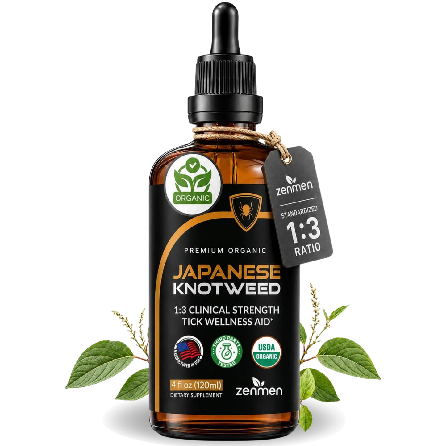 A 4 fl oz amber glass dropper bottle of Zenmen Japanese Knotweed USDA organic tincture, displayed on a white background with green leaves and small plant sprigs framing the base. The bottle features a black dropper cap and a black label with gold, white, and green text and logos.