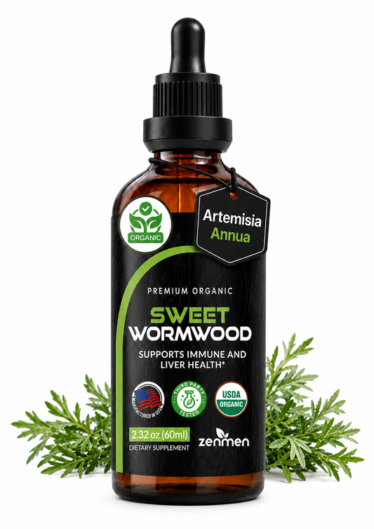 A 2.32 oz amber glass dropper bottle of Zenmen Sweet Wormwood 60ml tincture dietary supplement, featuring a black label with green and white text, flanked by fresh green wormwood leaves on a white background.