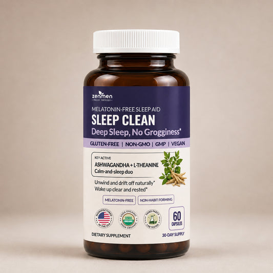 Zenmen Sleep Clean dietary supplement bottle with a white cap and dark amber brown bottle, featuring a navy and white label with product details and ingredient illustrations, set against a solid beige background.