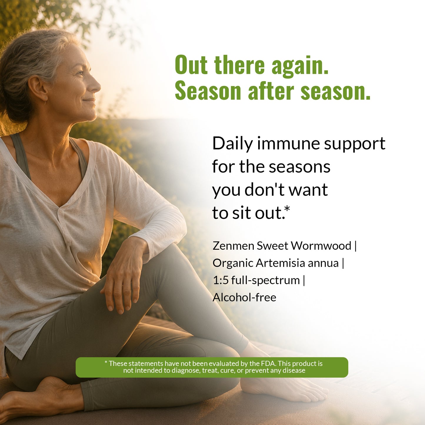 A promotional graphic of Zenmen Sweet Wormwood 60ml tincture with a woman sitting outdoors in profile, wearing a light beige top and dark leggings. Large green and black text reads, 'Out there again.