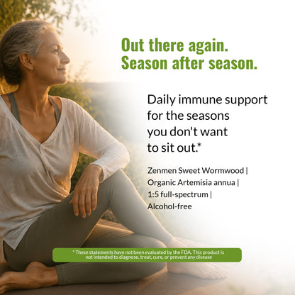 A promotional graphic of Zenmen Sweet Wormwood 60ml tincture with a woman sitting outdoors in profile, wearing a light beige top and dark leggings. Large green and black text reads, 'Out there again.