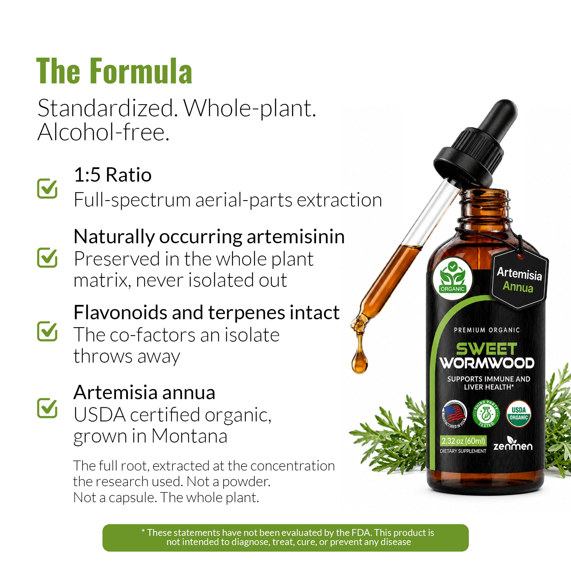 A bottle of Zenmen Sweet Wormwood 60ml tincture extract alongside a glass dropper containing amber liquid, with marketing text on a white background.