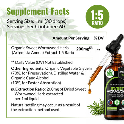 Serving facts and ingredients panel for Zenmen Sweet Wormwood 60ml tincture herbal supplement bottle, showing a 1:5 ratio, serving size of 1ml (30 drops), and other ingredients including organic vegetable glycerin, distilled water, and organic cane alcohol. Features a bottle, dropper, and fresh wormwood leaves on a white background with green accents.