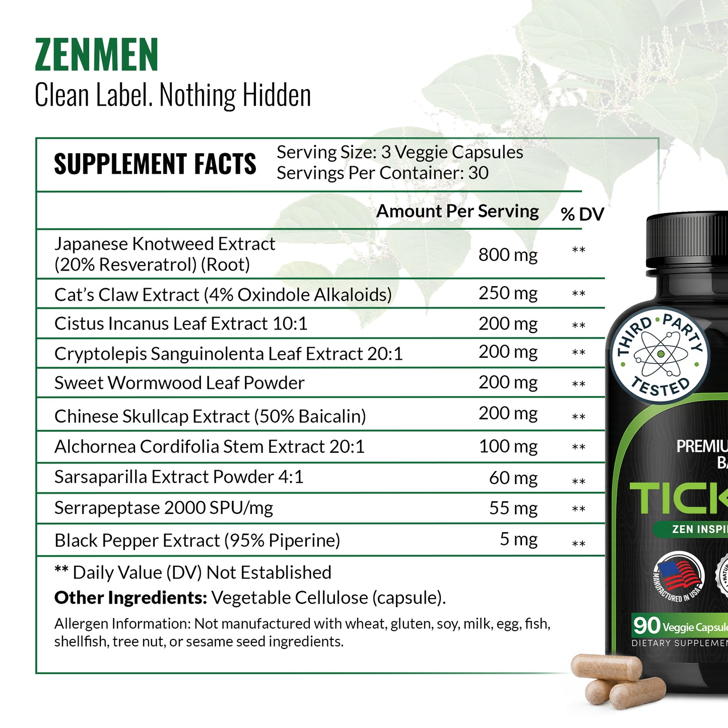 A supplement facts label for Zenmen Tick Immune Support 90 count dietary supplement capsules, with a large table of ingredients and dosage information, plus a bottle and two capsules shown at the bottom on a light background.
