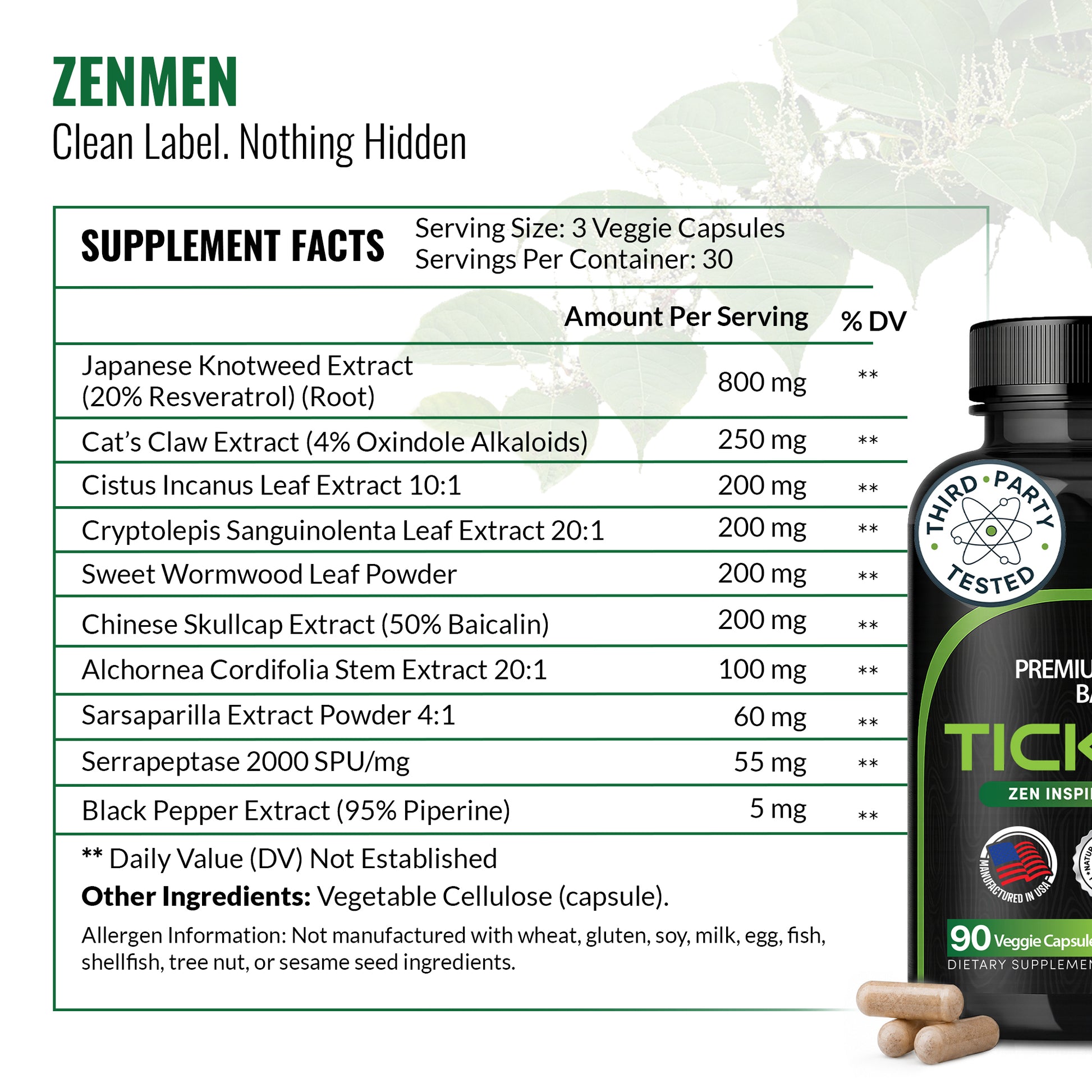 A supplement facts label for Zenmen Tick Immune Support 90 count dietary supplement capsules, with a large table of ingredients and dosage information, plus a bottle and two capsules shown at the bottom on a light background.