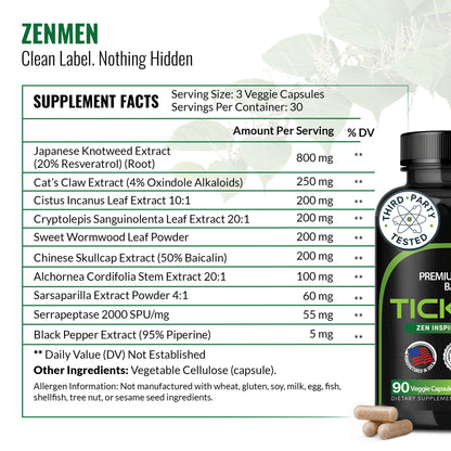 A supplement facts label for Zenmen Tick Immune Support 90 count dietary supplement capsules, with a large table of ingredients and dosage information, plus a bottle and two capsules shown at the bottom on a light background.