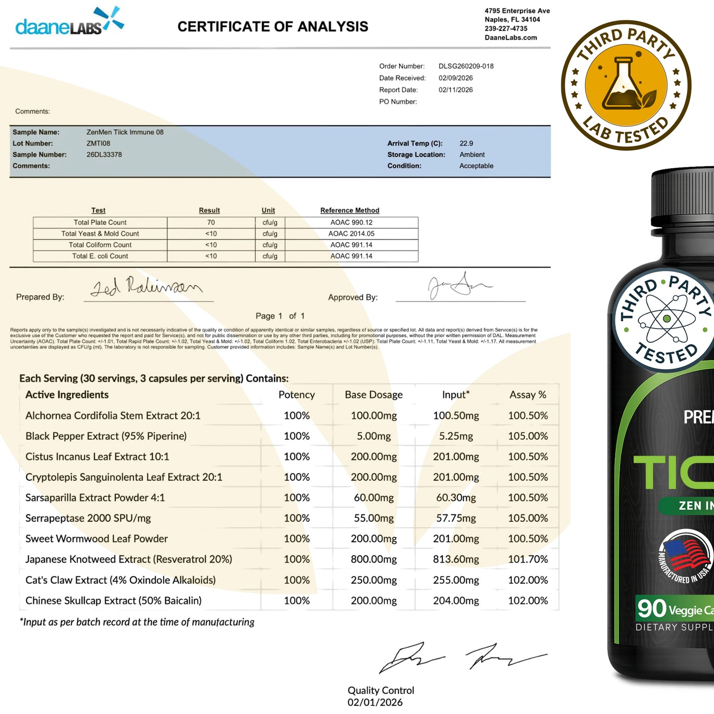 A Zenmen Tick Immune Support 90 count supplement bottle with a 'Certificate of Analysis' and a 'Third Party Lab Tested' badge on a white background.