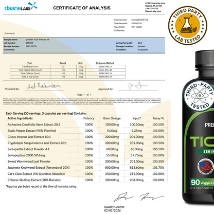 A Zenmen Tick Immune Support 90 count supplement bottle with a 'Certificate of Analysis' and a 'Third Party Lab Tested' badge on a white background.