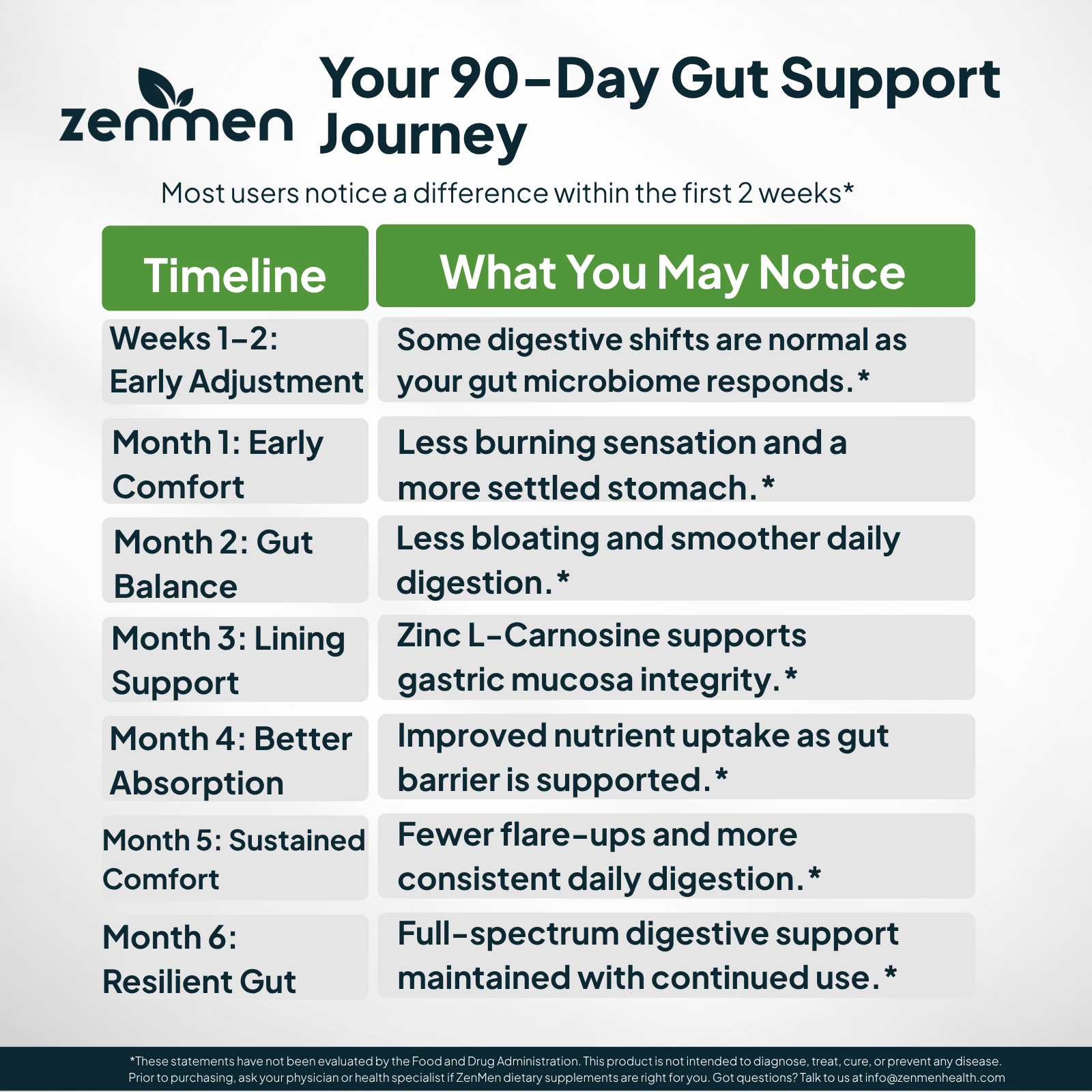 ZenMen 90-day gut support journey timeline for stomach burning relief and gastric mucosa integrity.